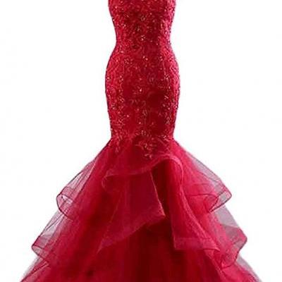 Women's Beaded Lace Embroide Prom Dress Long Mermaid Formal Prom Party Ball Gown