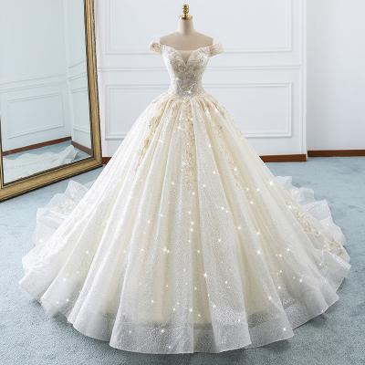 Custom Made Champagne Off the Shoulder Long Wedding Dress  Tulle Bridal Dress