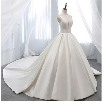 Women Wedding Shoulder V-neck Satin Simple Trailing Hepburn Bride Wedding Dress