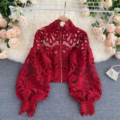 Lace Hollow Top Puff Sleeve Loose Sexy Short Shirt