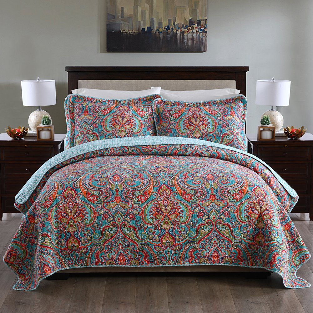 Cotton Bedspread Quilt Sets-Reversible Patchwork Coverlet Set, European Gorgeous Floral Pattern, King Size