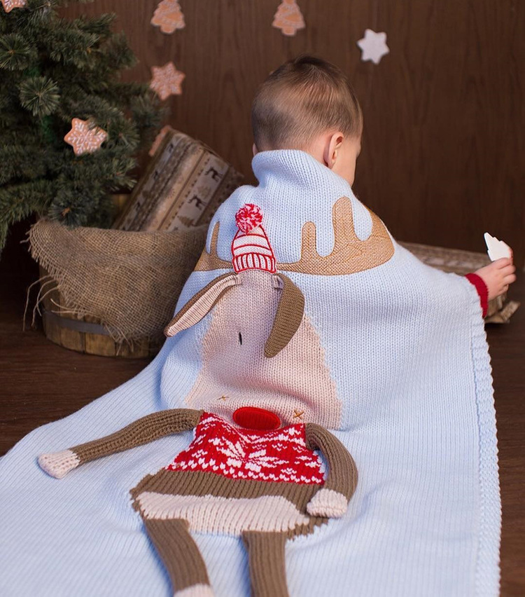 Children's Christmas Deer Wool Quilt Three-Dimensional Ear Knitted Blanket Baby Sleeping Playing Crawling Mat
