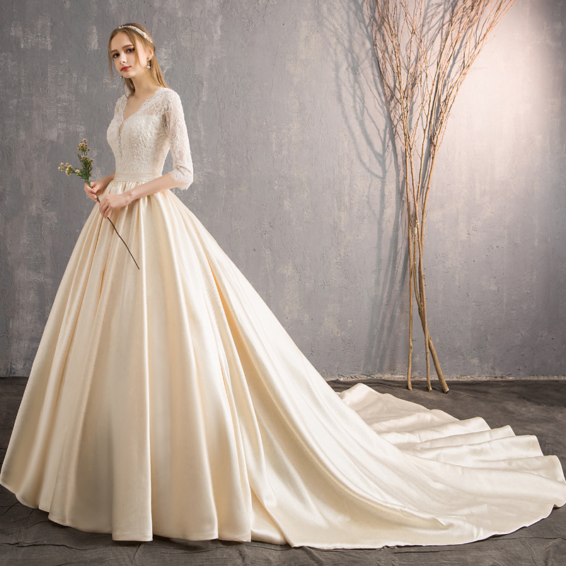 Bride Deep V Neck Satin Princess Large Size Simple Wedding Lace