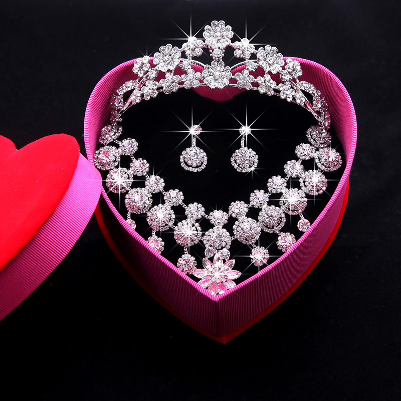 Bridal Crown Necklace Earrings Korean Shiny Rhinestone Wedding Bridal Jewelry Three-Piece Set