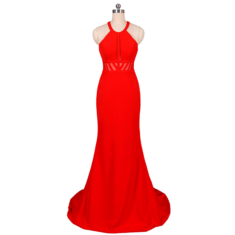 Red Halter Tube Top Perspective Long Evening Dress Banquet Fishtail Dress