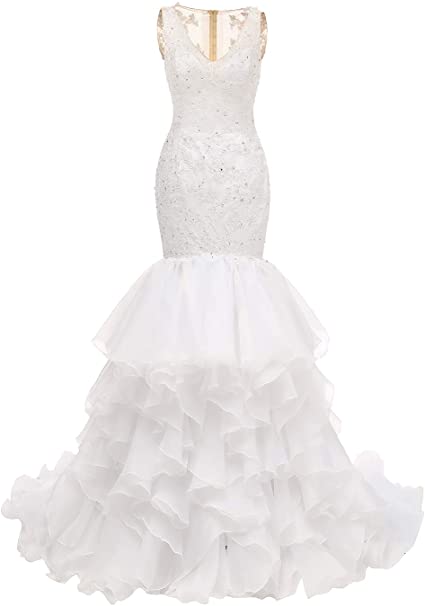 Organza Wedding Dress for Bride Lace Applique V-Neck Ruffles Bridal Gown