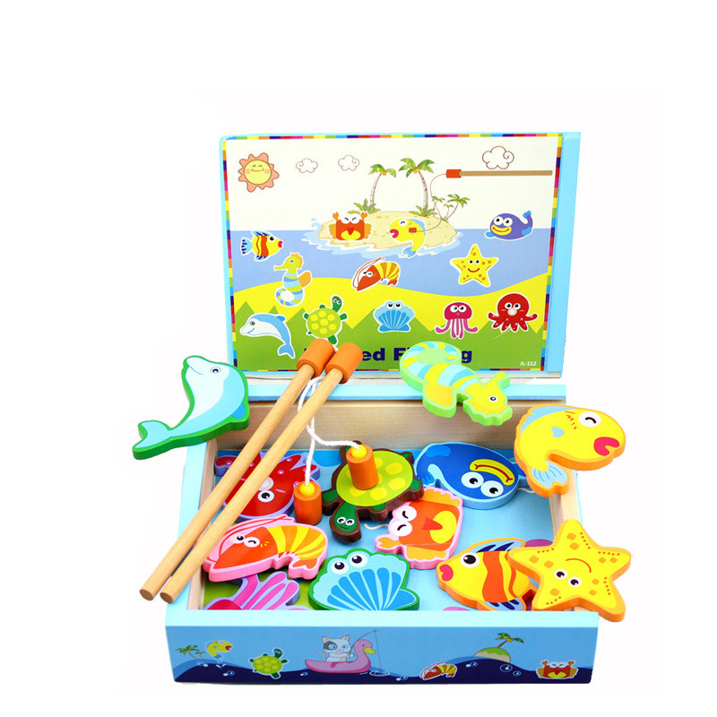 Wooden Magnetic Boxed Fishing Toys Children Kitten Magnetic Fishing Toy For Children