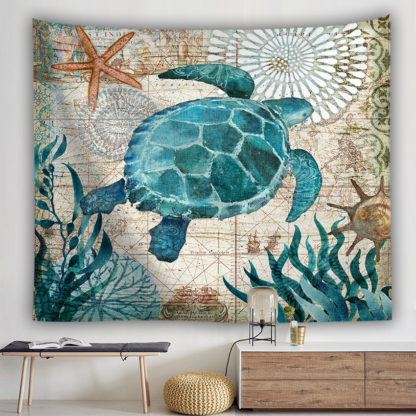  Marine Animal Tapestry Turtle Octopus Walrus Crab Whale Wall Hanging Bohemian Room Decor Bedding Rug Pattern(78inx59in)
