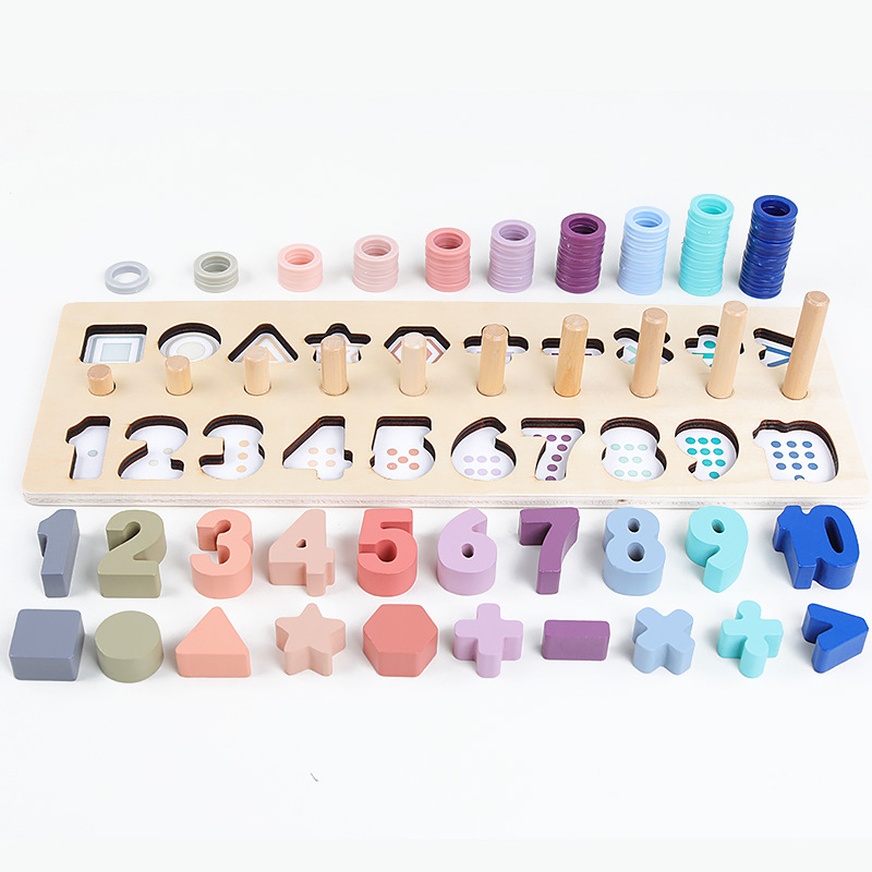 Wooden Three-in-one Puzzle Assembly Building Blocks Color Number Shape Decomposition Logarithmic Board Children's Teaching Aids 1-10 Digital Cognition And Pairing