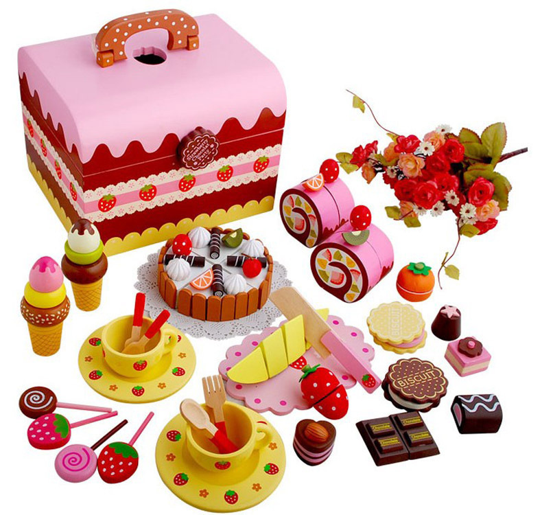 Children Play House Gifts Magnetic Birthday Cut Cake Cut Cut Music Wooden Simulation Kitchen Tableware Toy Set