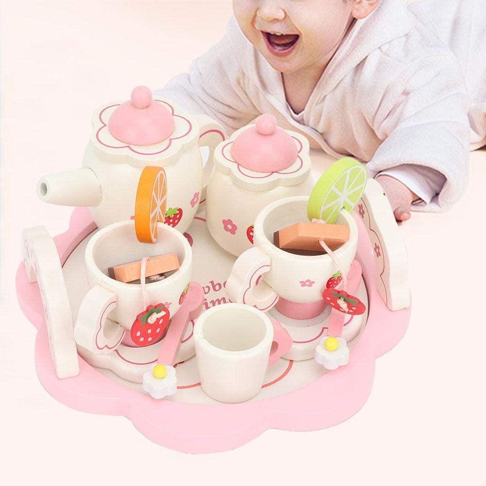  Wooden Tea Set Toys- Play Food and Kitchen Accessories-Wood Tea Time Set Toys- 14Pcs