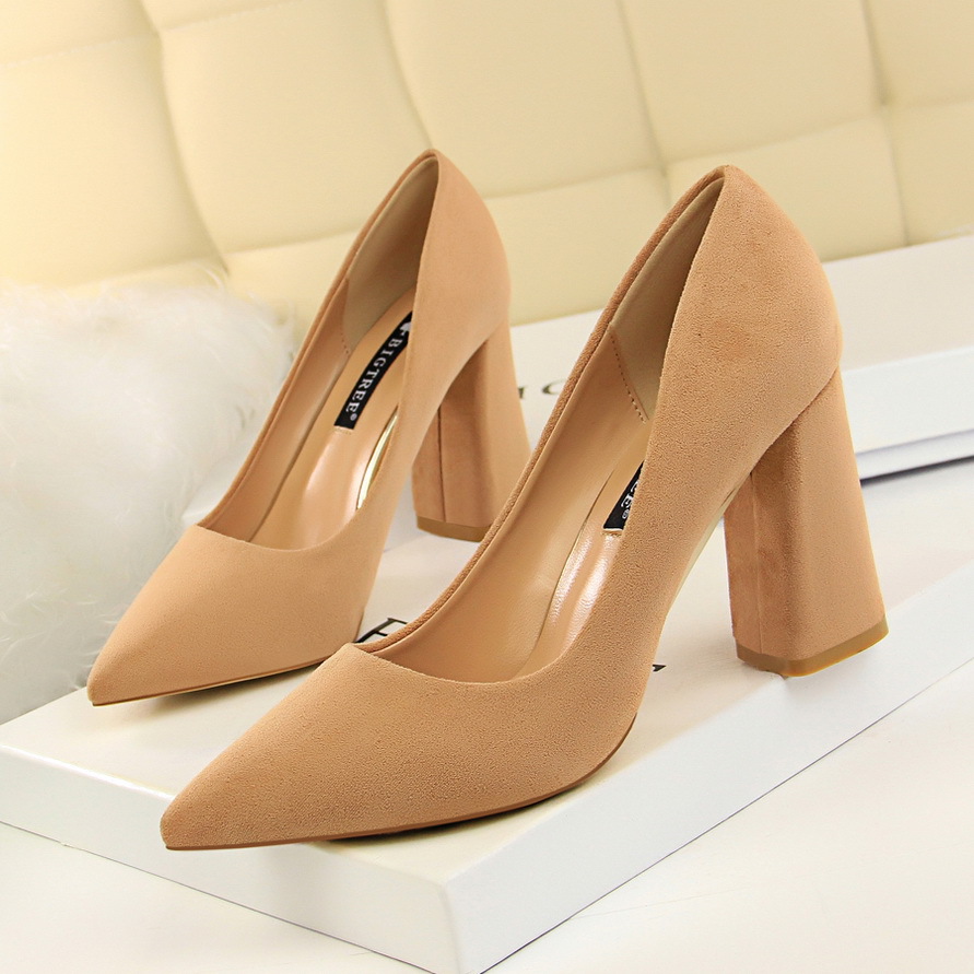 European and American style simple thick heel high-heeled suede shallow mouth pointed thin women's shoes high-heeled shoes
