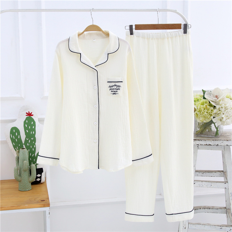 Spring and summer solid color embroidery fold gauze ladies pajamas autumn cotton washed gauze home service leisure suit