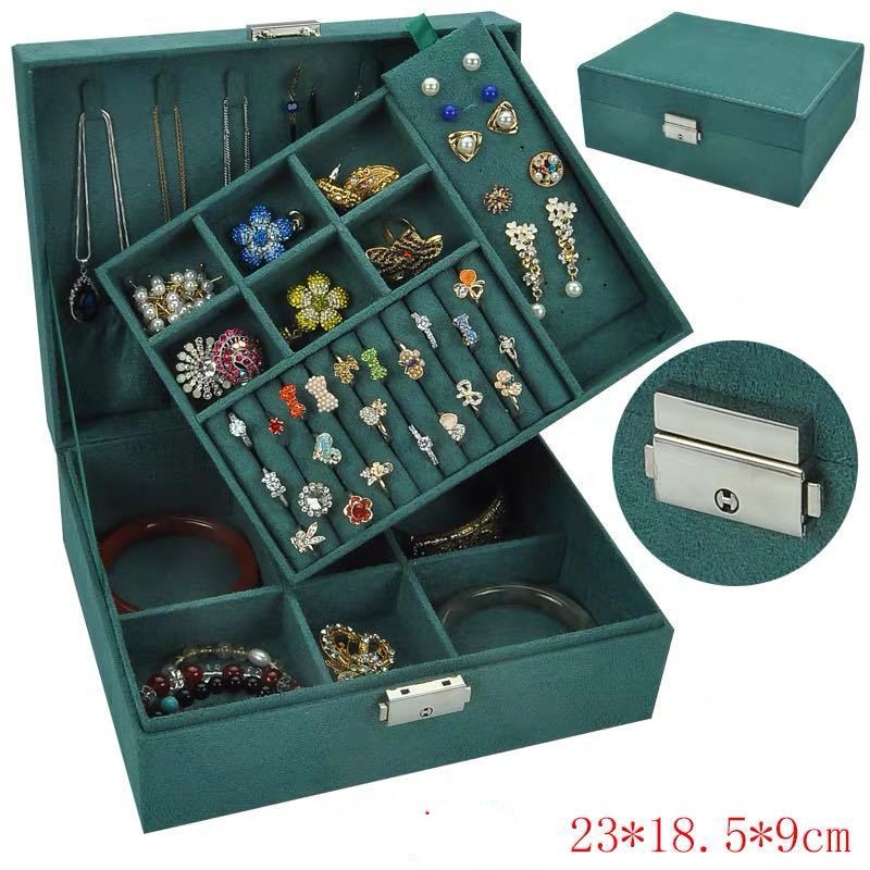 Jewelry Box for Women, Double Layer Necklace Jewelry Organizer with Lock Jewelry Holder for Earrings Bracelets Rings - Green