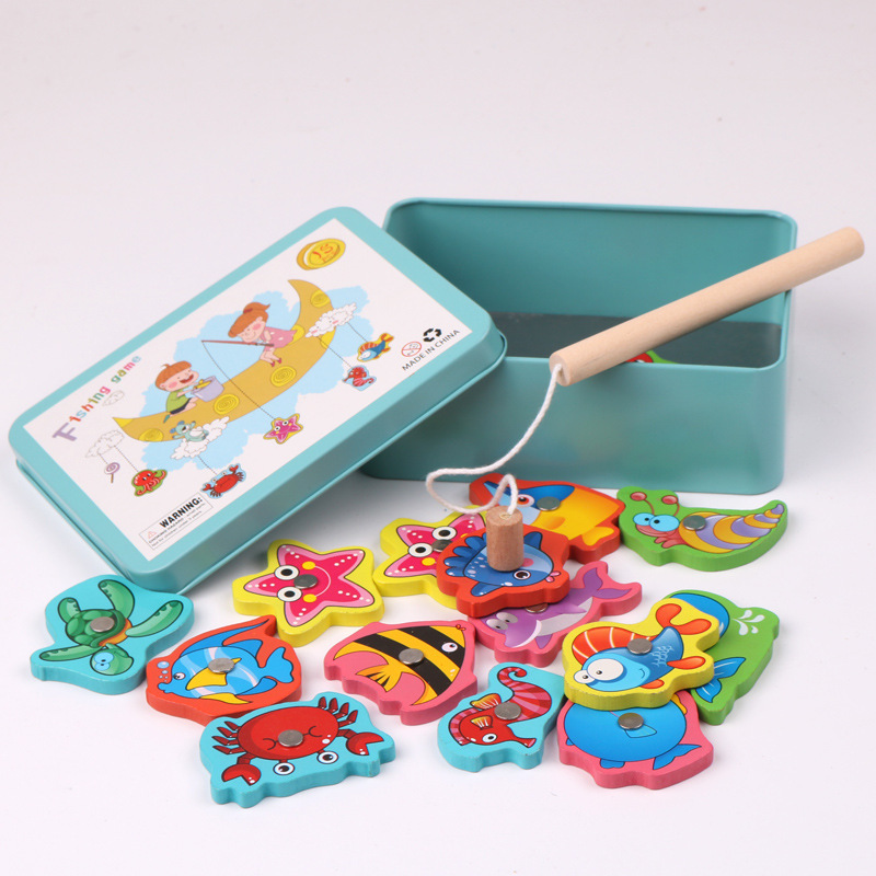 Wooden Magnetic Fishing Games with 15pcs Ocean Sea Animals Magnets for Toddlers, Travel Size Box Early Learning Educational Game Motor Skills Development Toys for 3 4 5 Year Old Birthday Gifts
