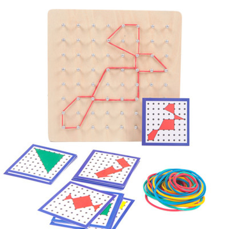 Wooden Geoboard Mathematical Manipulative Material Array Block Geo Board – Graphical Educational Toys with 24 Pcs Pattern Cards 