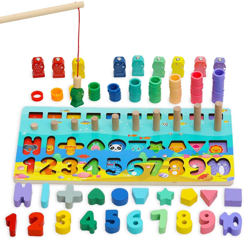 Wooden Number Montessori Math Puzzle Toys for Toddlers, Girls, and Boys, Shape Sorter Stacking Counting Fishing Game Learning Board for Age 3 4 5, Preschool Early Educational Jigsaw Gift for your kids