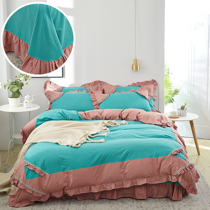 Pink Blue Floral Bedding Sets Cotton Duvet Cover Set 4-Piece Full Size