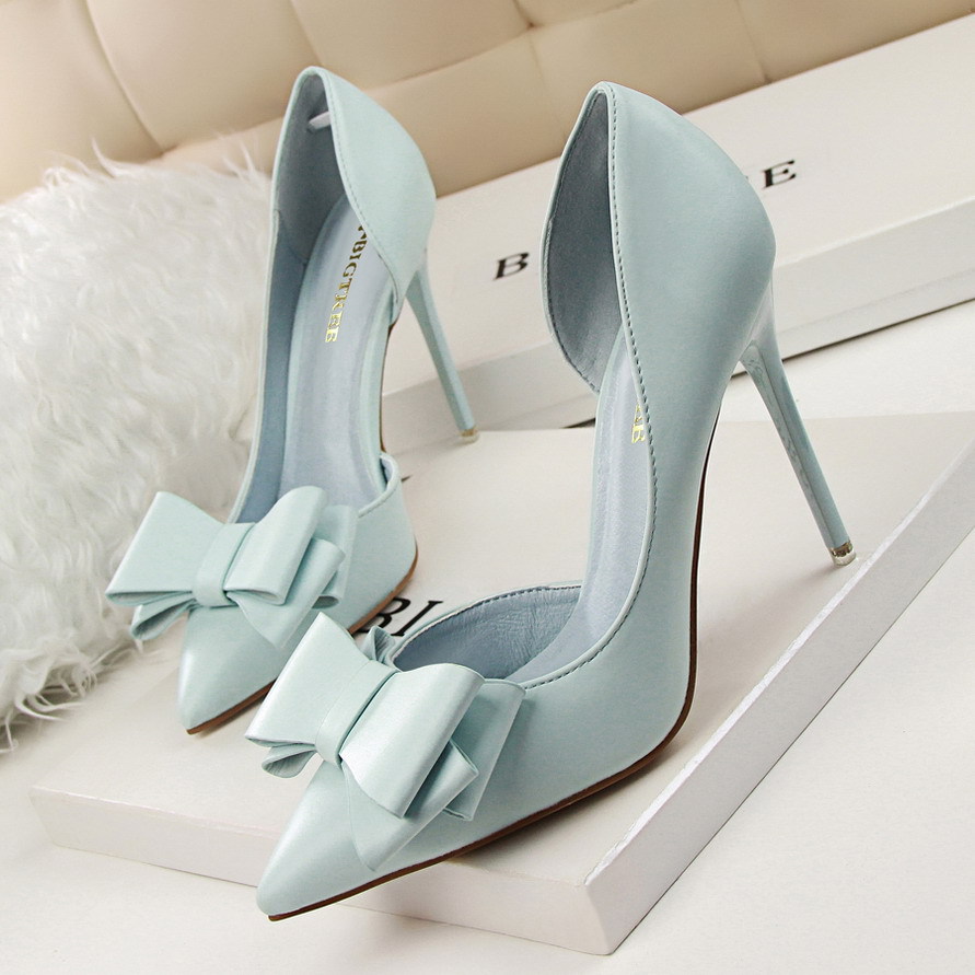 Korean style bow high heels stiletto high heels shallow mouth pointed side hollow single shoes