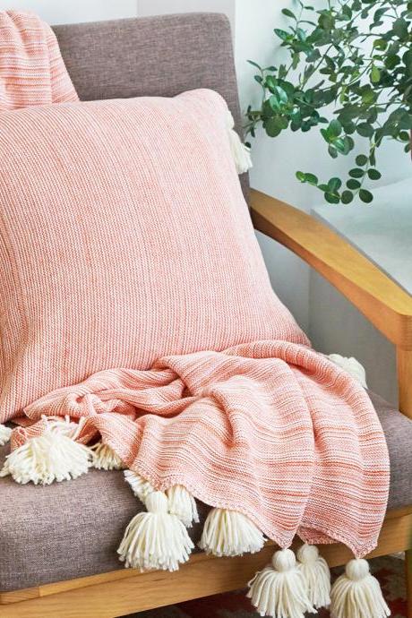 Pack of 2 Soft Knit Decorative Square Throw Pillow Covers with Pom Pom Tassel for Couch, Sofa, Bedroom, Living Room and Car. 18 x 18 inches/45 x 45 cm (Insert Not Included) (Orange Tassel)