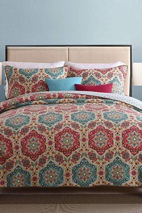 Queen Size Quilt Sets-3 Pieces Bedding Bedspread Coverlet Set, Circled Blooming Flower Style