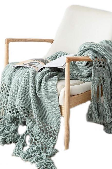 Roving Yarn Knitted Throw Blanket with Hollow Out Long Tassel Fringe Solid Color Reversible Lightweight for Home Decorative Bed Sofa Couch Chair 47'x70' (Green)