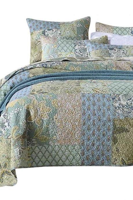 Bohemian Floral Pattern Bedspread Quilt Set with Real Stitched Embroidery,Queen Size