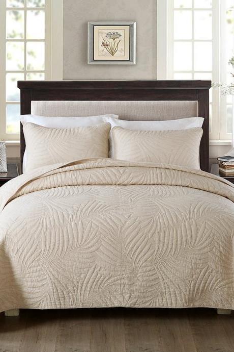 Bedspread Quilt Sets-Cotton Patchwork Coverlet Set,Beige Banana Leaf Pattern, Queen Size