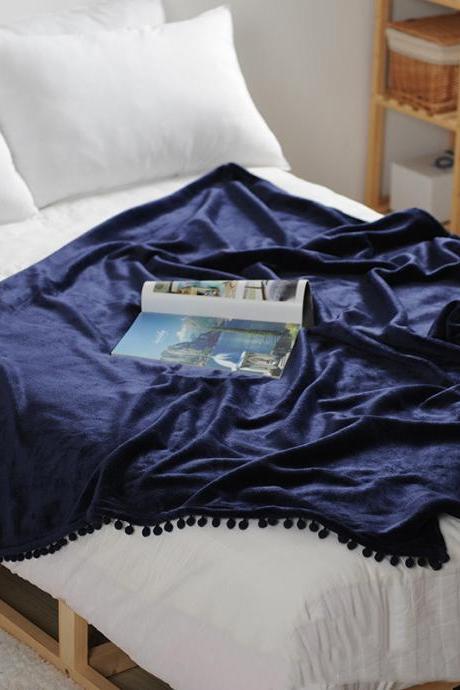  Flannel Blanket with Pompom Fringe Lightweight Cozy Bed Blanket Soft Throw Blanket (59x59) Royal blue