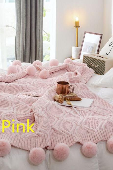 Pom Pom Plush Throw Blanket, Luxurious Lovely Lounge Cover Knitted Blanket Fit for Adult and Teens Resting Reading Apply on All Seasons (51"×67", pink)