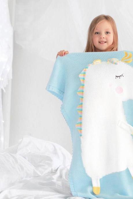 Baby Cotton Blanket Unicorn Knitted Blanket Soft Warm Crochet Quilt Blanket Toddler Crib Blankets for Girls Boy(Light Blue)
