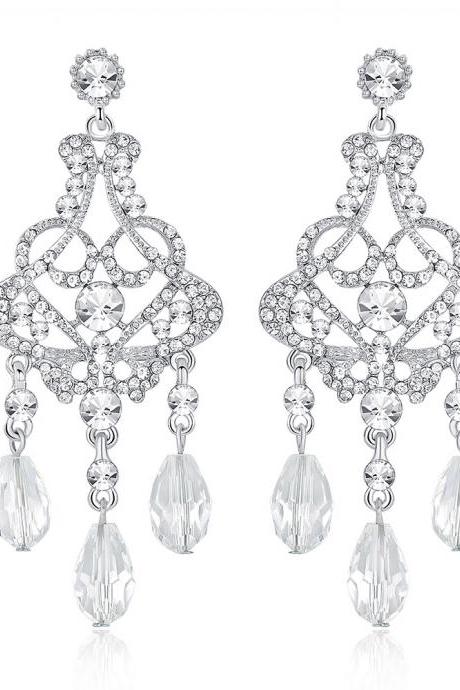 Pearl Drop Earrings for Women,Bridesmaids,Brides -Teardrop Crystal Rhinestones Cubic Zirconia Earrings Dangling
