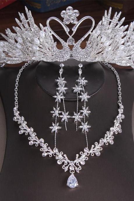 Bridal Headdress Wedding Hair Accessories Crown Necklace Earrings Three-Piece Wedding Accessories