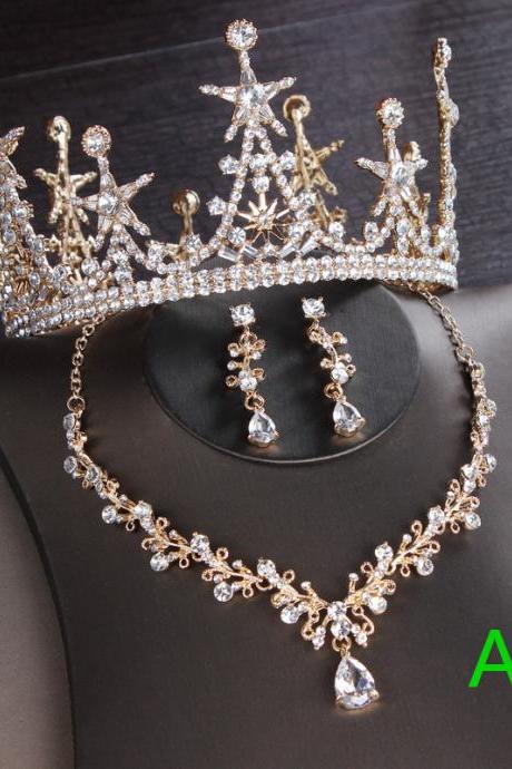 Bridal Headdress New Round Crown Three-piece Set Wedding Hair Accessories Princess Birthday Crown Wedding Accessories