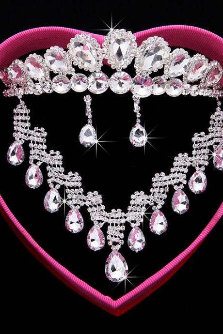Bridal Headdress Hair Accessories Wedding Jewelry Korean Pearl Crown Necklace Earrings Three-Piece Set