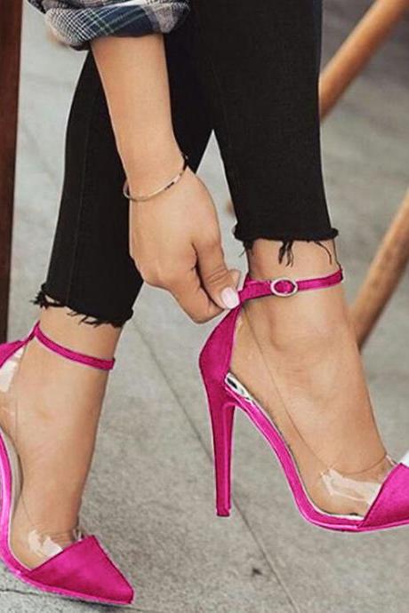 New high-heeled pointed colorblock belt buckle fashion ladies single shoes