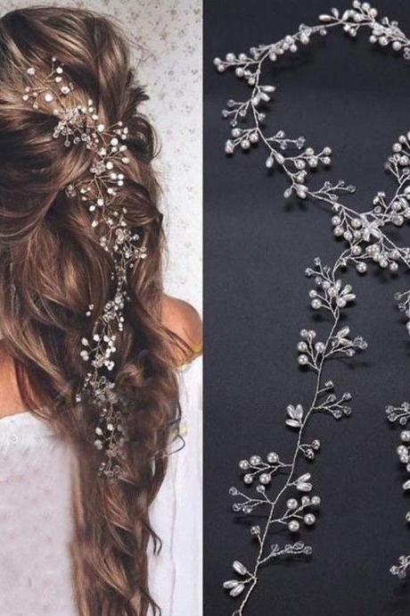 Bridal Extra Long Pearl and Crystal Beads Bridal Hair Vine Wedding Head Piece Bridal Hair Accessories Headband Hair Jewelry Hair Accessories (Silver)