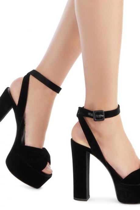 Women's Fashion Velvet Thick High Heel Platform Open Toe Open Heel Sandals