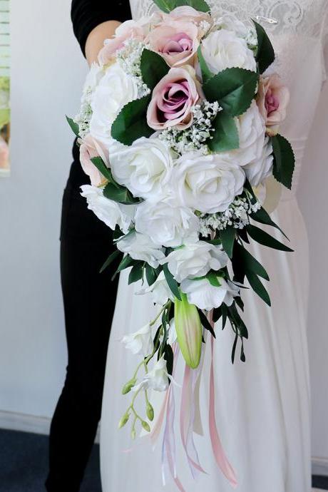 Wedding bouquet bride water drop holding flowers european fresh white artificial rose bouquet