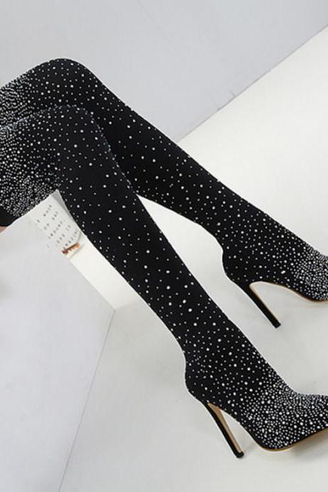 Women's Shoes Rhinestone High-heeled Women's Boots Stretch Fabric Sexy Stiletto Over-the-Knee Boots