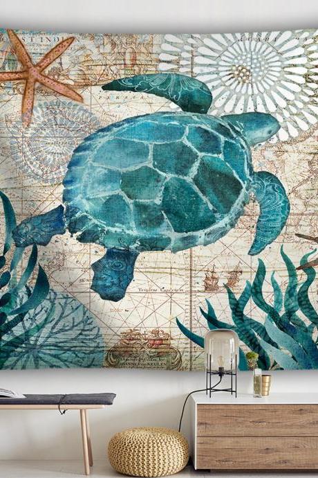  Marine Animal Tapestry Turtle Octopus Walrus Crab Whale Wall Hanging Bohemian Room Decor Bedding Rug Pattern(78inx59in)