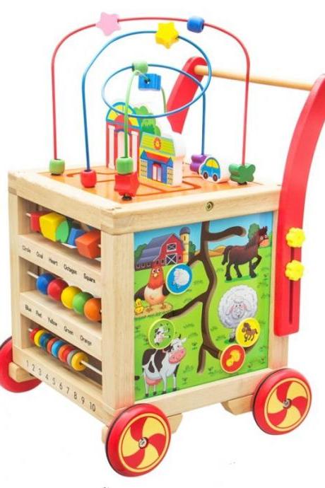 Baby Walker, Trolley for Boy and Girl, Multifunctional Educational Toy Car, Adjustable Speed Anti-Rollover Wooden Toy for 6-24 Months Kids