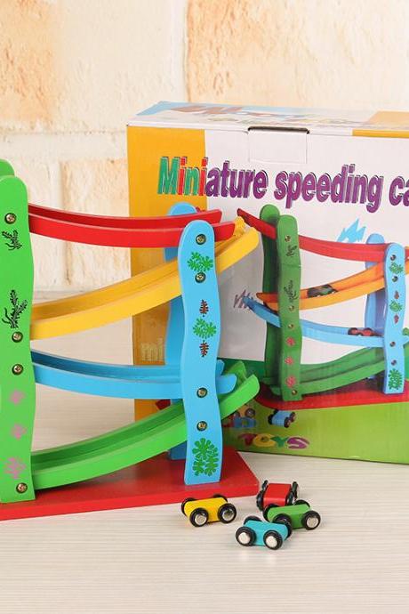 Wooden Car Ramps Race - 4 Level Toy Car Ramp Race Track Includes 4 Wooden Toy Cars - My First Baby Toys - Toddler Race Car Ramp Toy Set is A Great Gift for Boys and Girls
