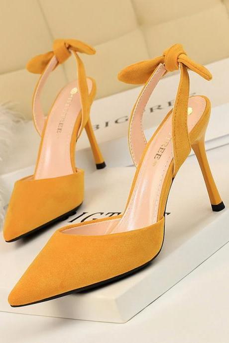 Korean fashion thin heeled super high heel suede shallow mouth pointed hollowed out with a small bowknot female sandals