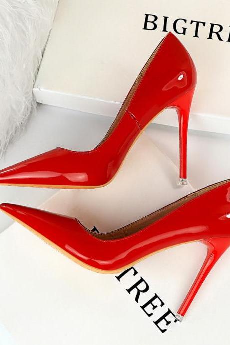 Women's Simple Thin Heel Super High Heel Bright Patent Leather Shallow Mouth Pointed Sexy Thin Women's Singles