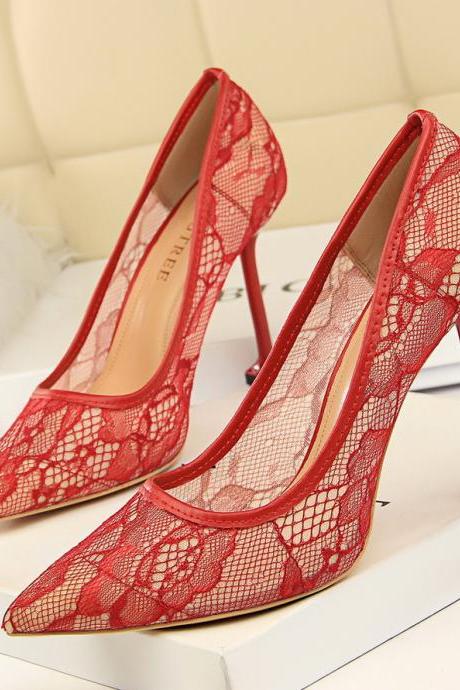 European and American style sexy lace hollow pointed high heel women's shoes