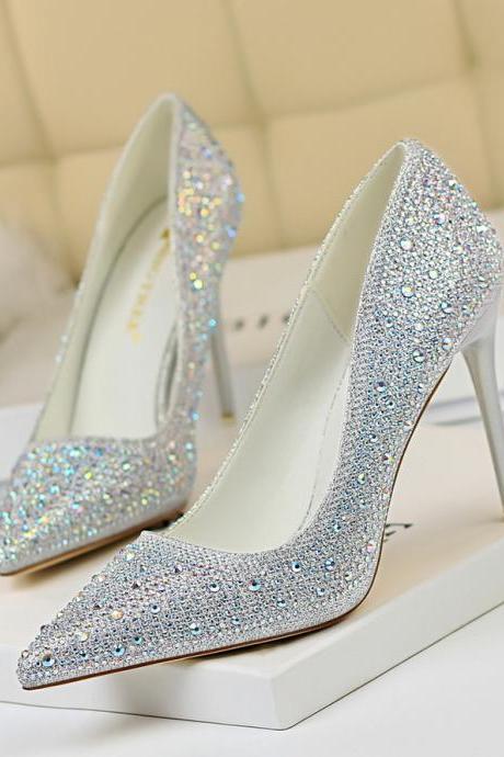 Banquet women's shoes fine heel shallow mouth rhinestone colored diamond high-heeled shoes