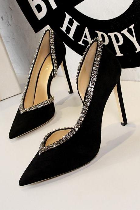 Women's sexy banquet super high heel suede shallow V-shaped rhinestone side cutout shoes
