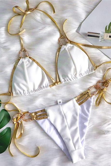 Women's Gold Bandage Sexy Backless Bikini Crystal Diamond Swimsuit Cross-Border Swimsuit