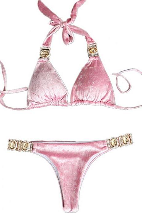 Pink gold velvet female split swimsuit sexy crystal diamond bikini